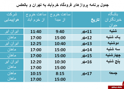 برنامه پرواز های فرودگاه خرم آباد از 11 تا 17 آبان